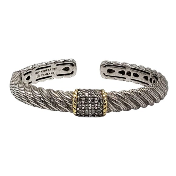 Judith Ripka Sterling Silver CZ Gold Tone Hinged Cuff Bracelet #23387